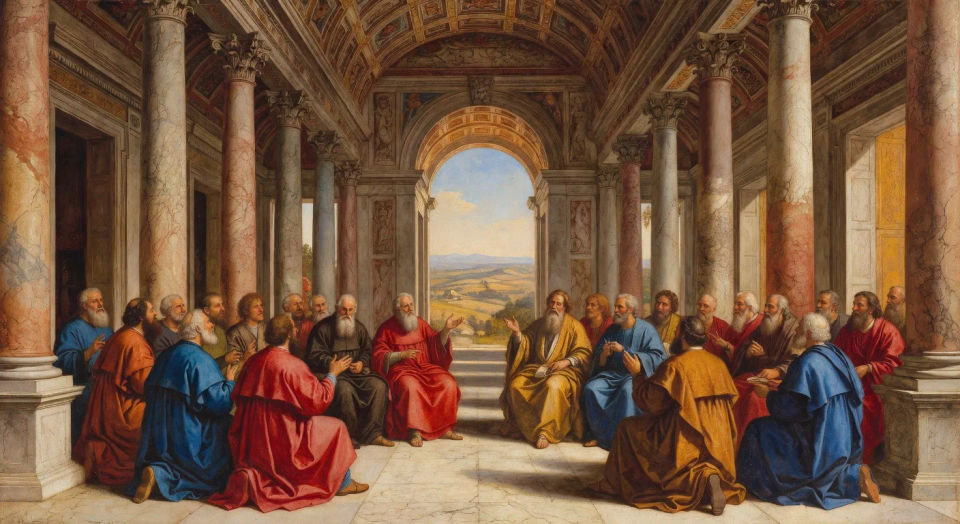 Fresco of scholars in a colonnaded courtyard