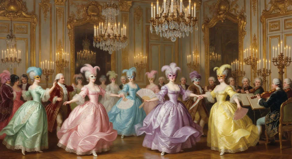 Masked ball in a candlelit ballroom