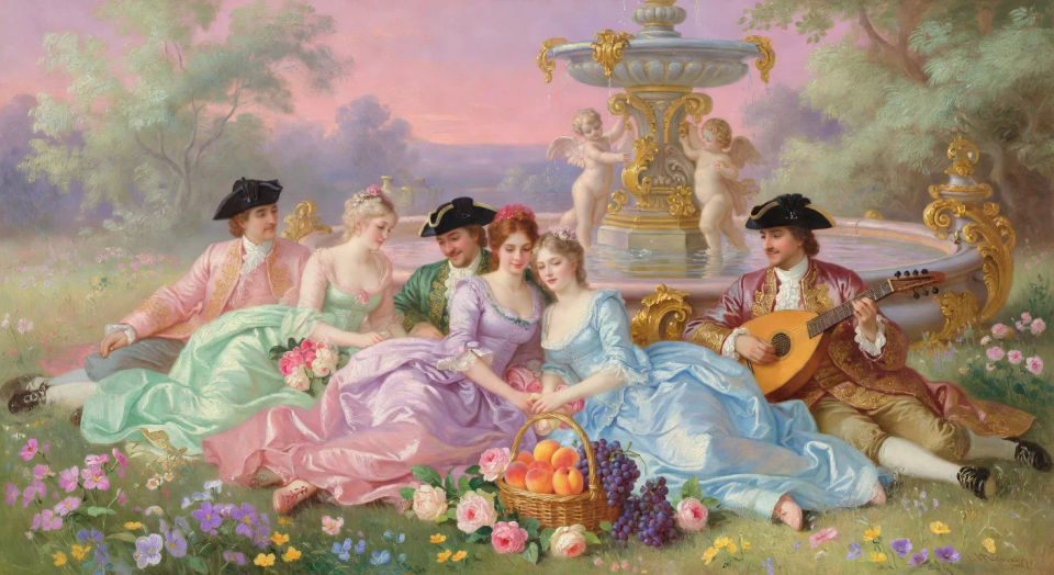 Pastoral picnic by a fountain