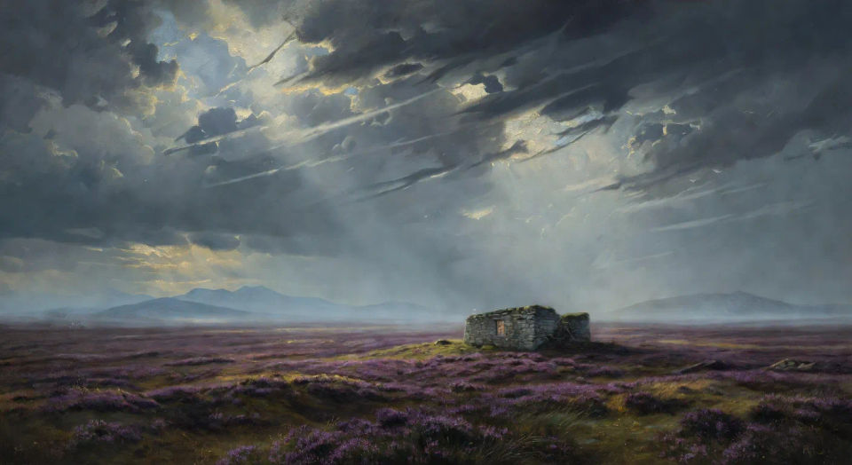 Lone cottage on a windswept moor