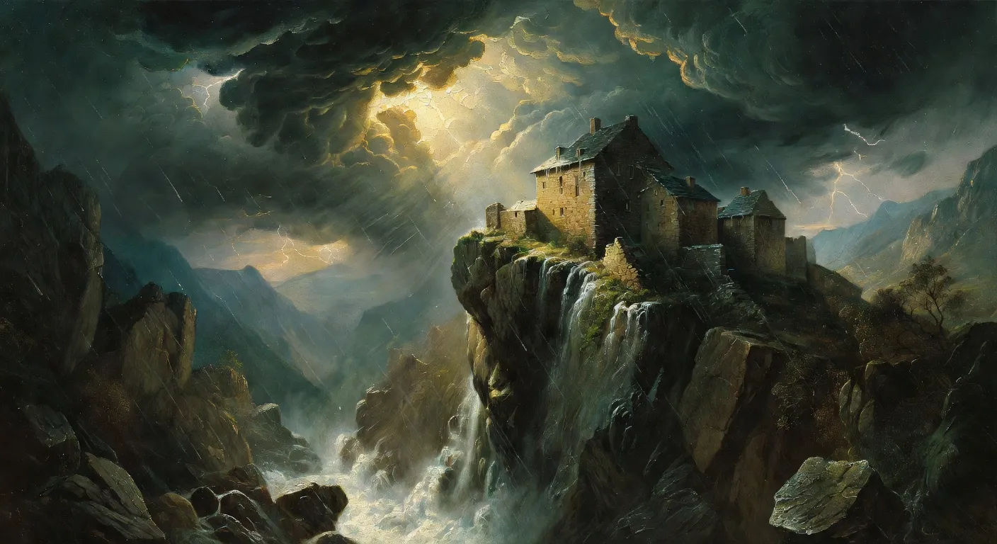 Mountain monastery in a thunderstorm