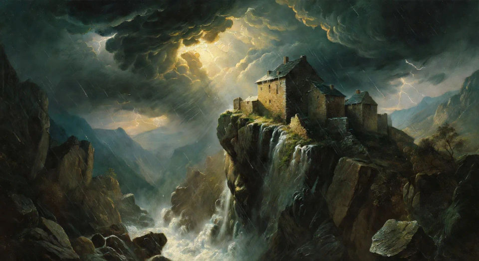 Mountain monastery in a thunderstorm
