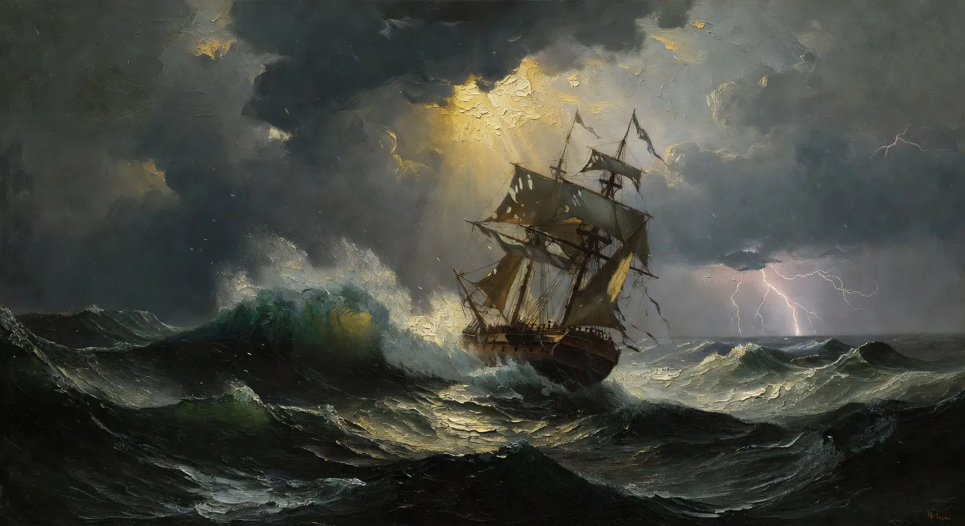Storm-tossed frigate on green-black seas