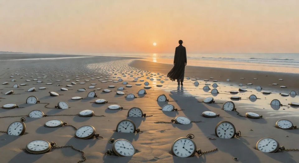 Beach of clocks at low tide