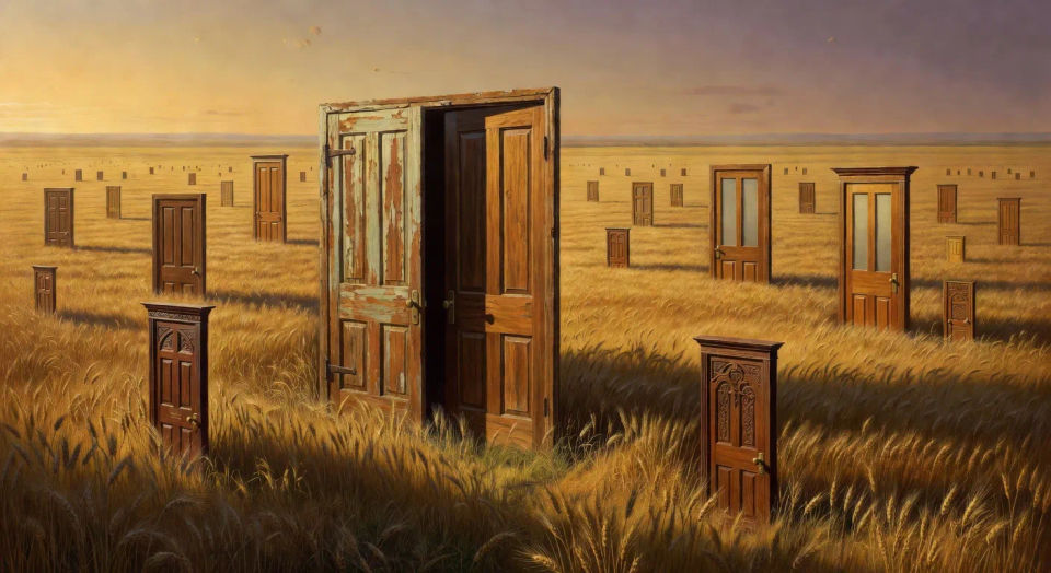 City of giant doors in a wheat field