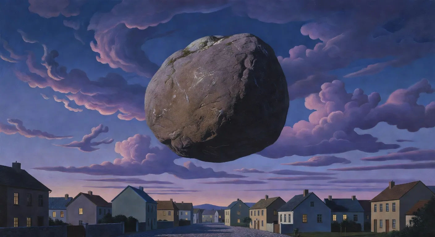 Floating boulder over a sleeping town