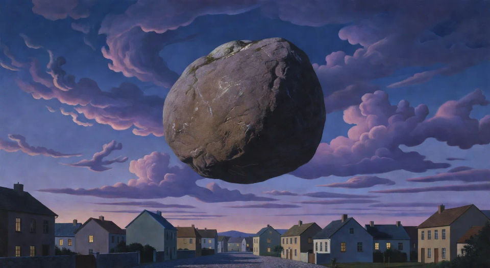 Floating boulder over a sleeping town