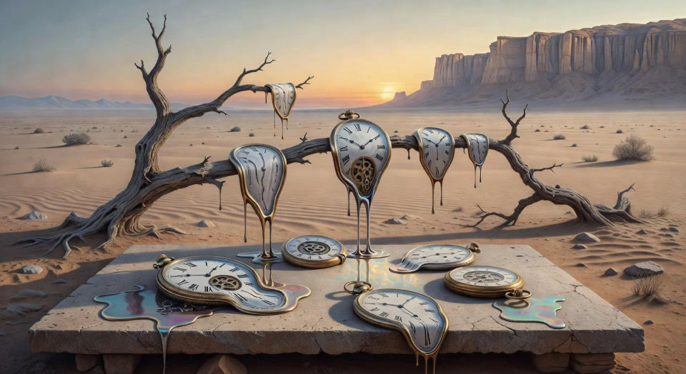 Melting clocks on a desert plateau