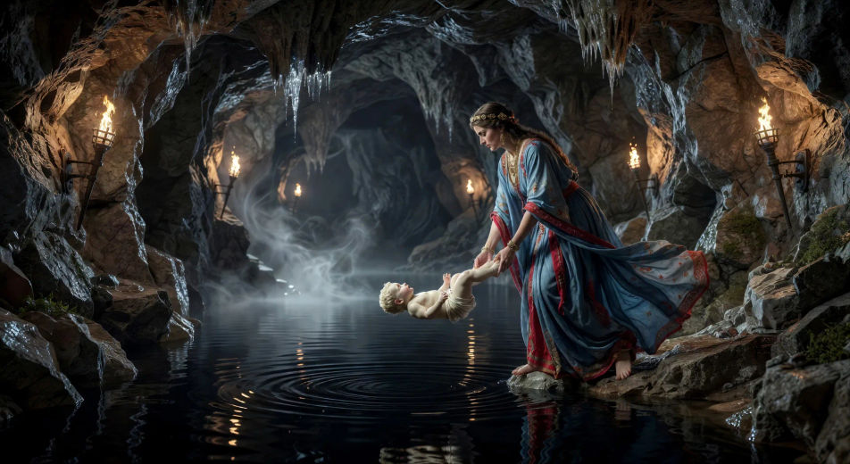 Thetis dips Achilles in the Styx