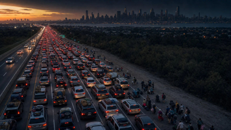 Evacuation gridlock on a six-lane highway