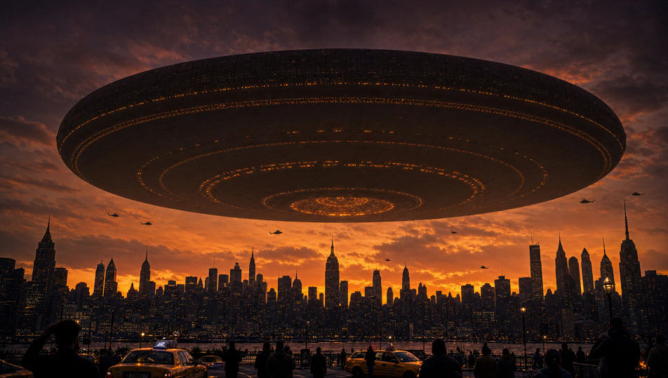 Mothership silhouette over a city skyline