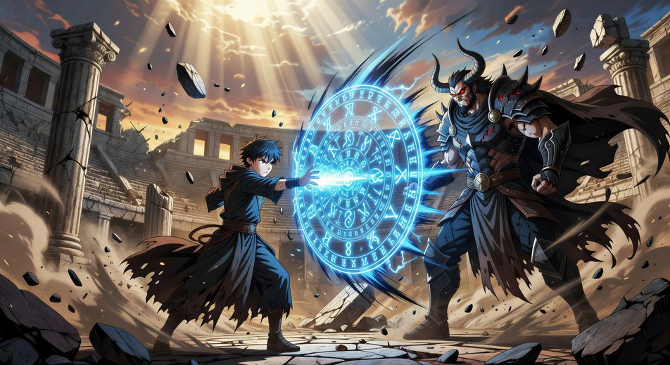 Magic battle in a ruined coliseum