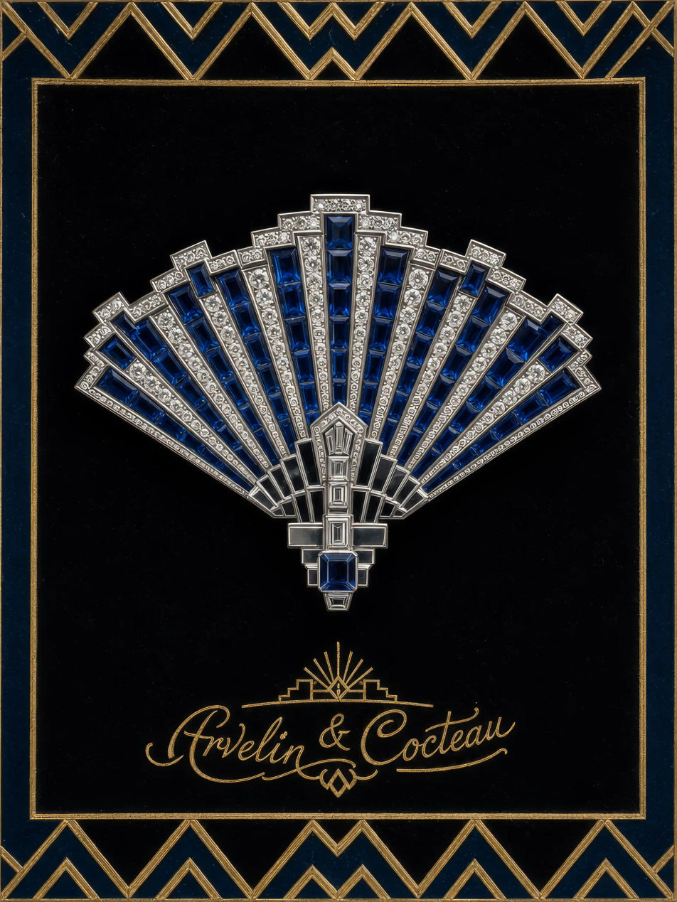 Sapphire fan brooch on black velvet