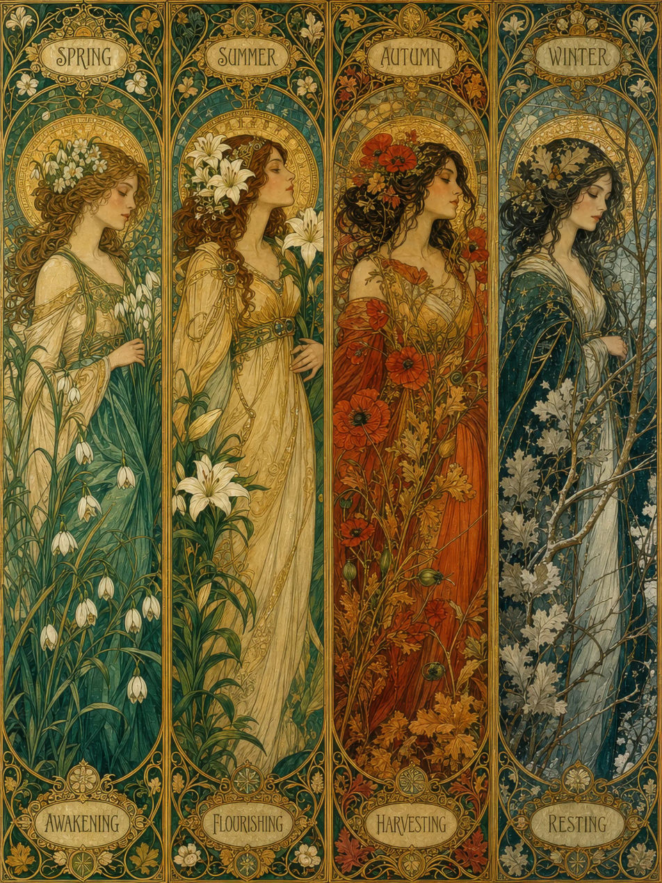 Mucha-style four-seasons panel set