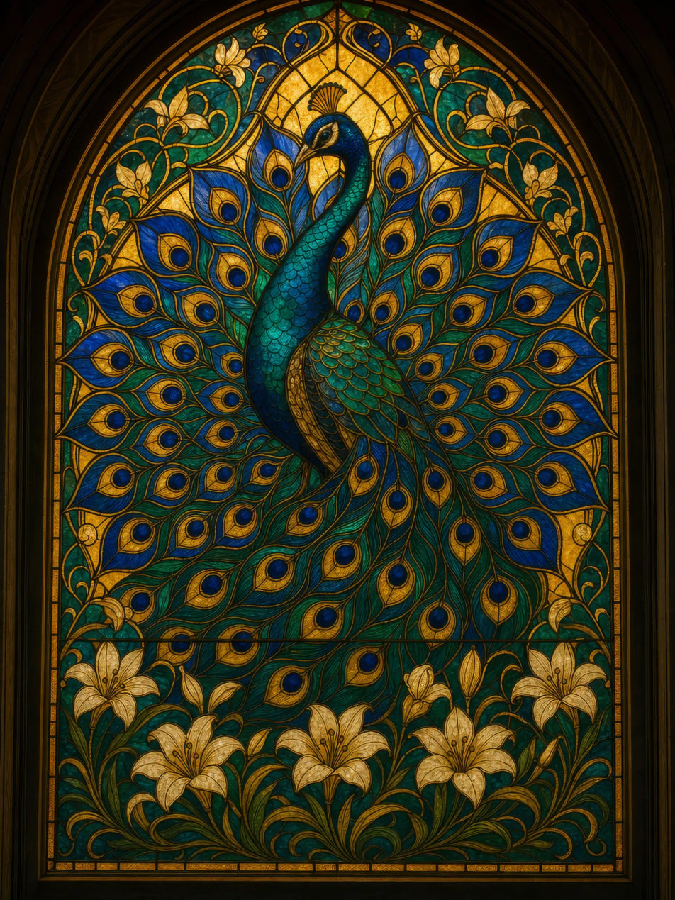 Stained-glass peacock window