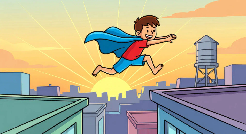 City rooftop hero leap at dawn