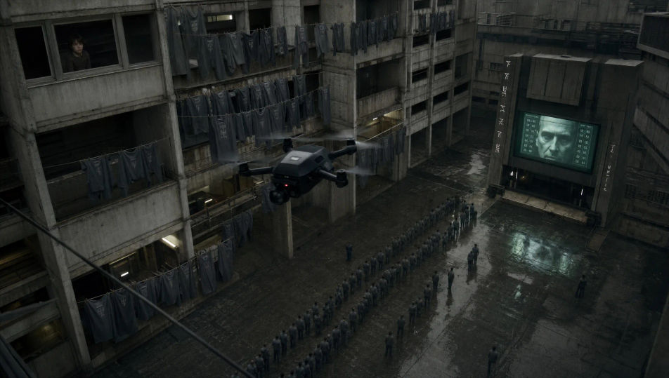 Surveillance drone over megablock courtyard