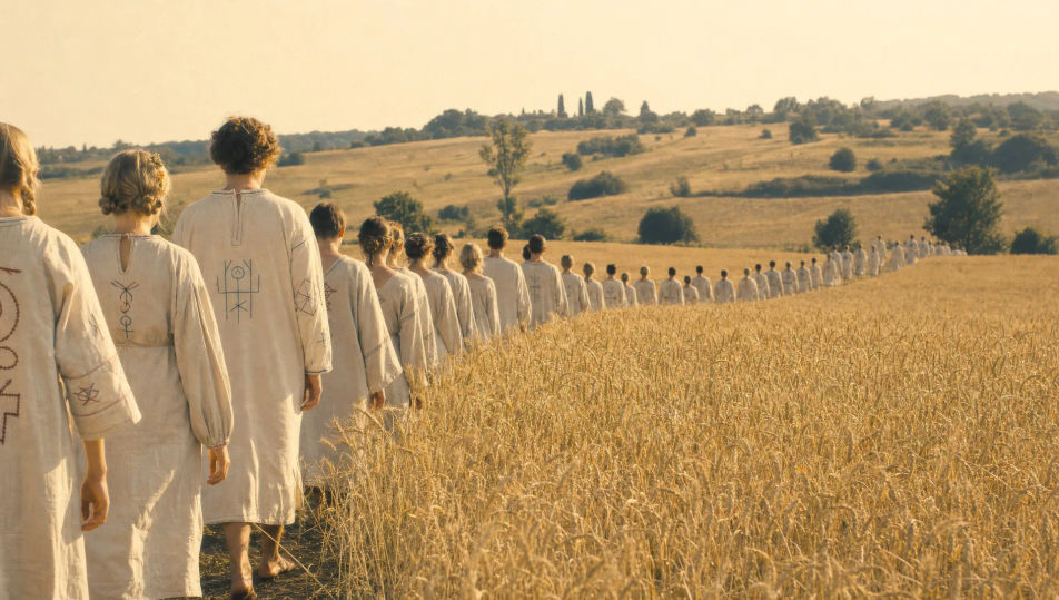 Cornfield procession at golden hour