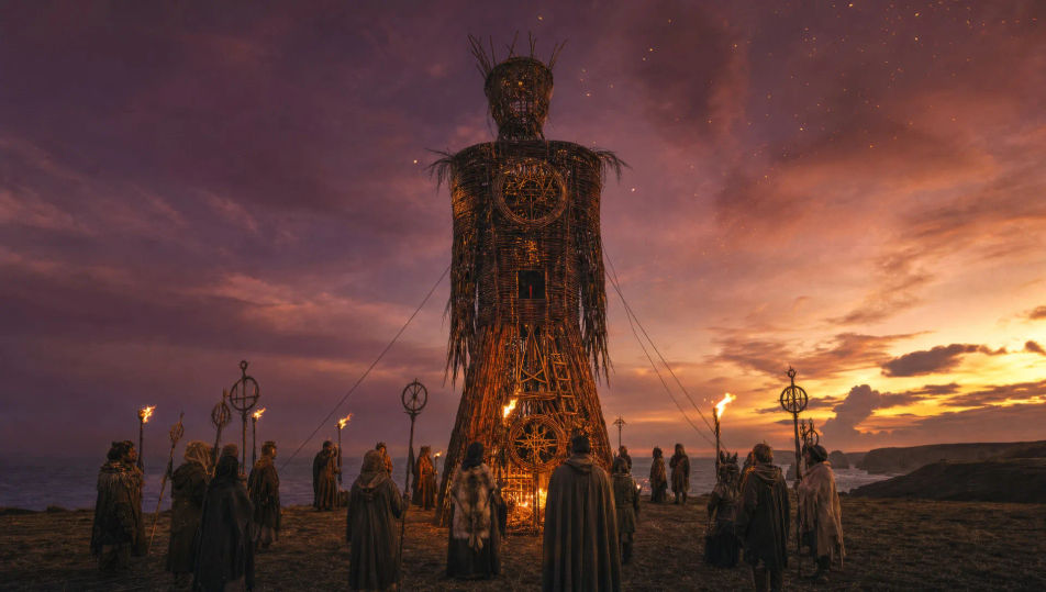 Wicker effigy burning on a coastal hilltop
