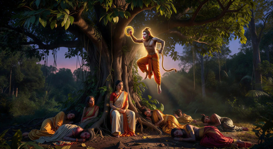 Hanumán encuentra a Sita en el bosque de Ashoka