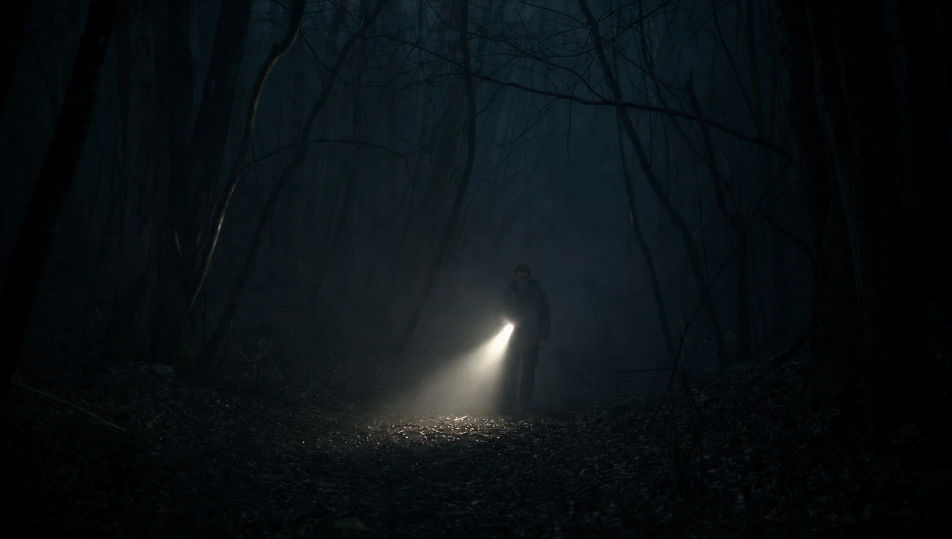 Fog-bound forest at midnight