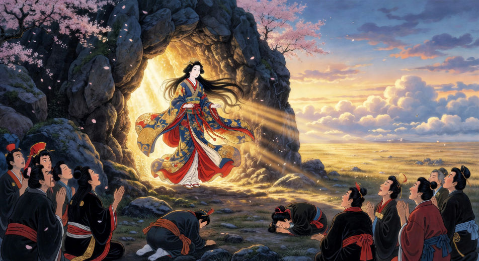Amaterasu emerges from the cave