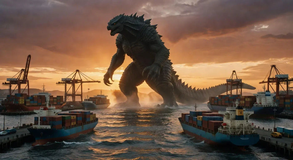 Apex kaiju breaches a harbour at dusk