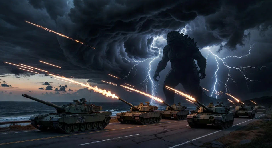 JSDF tank line firing into a storm-front