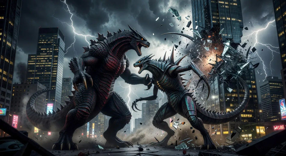 Kaiju-versus-kaiju duel collapsing a skyline