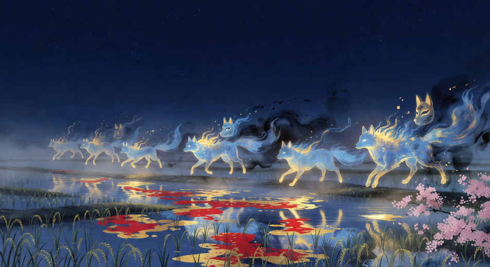 Foxfire procession across the rice paddy