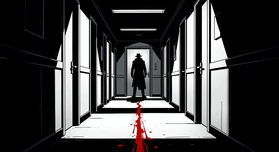 Comic chiaroscuro corridor in pure ink