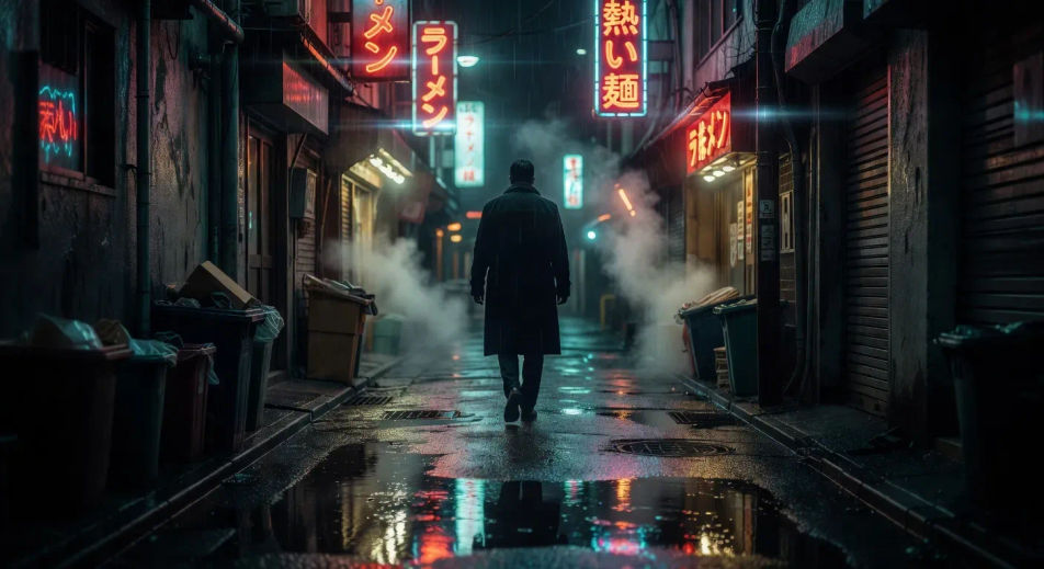 Wet-neon Tokyo alley reflected in oily asphalt