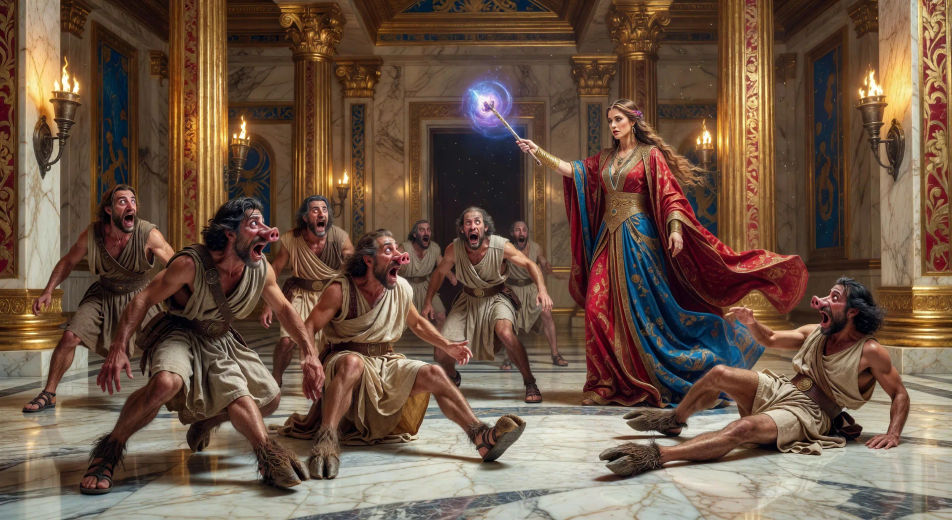 Circe transforms the men into swine