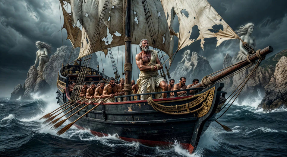 Odysseus tied to the mast for the Sirens
