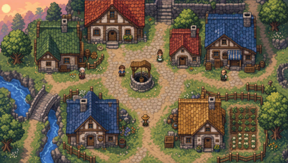 Top-down village at dawn