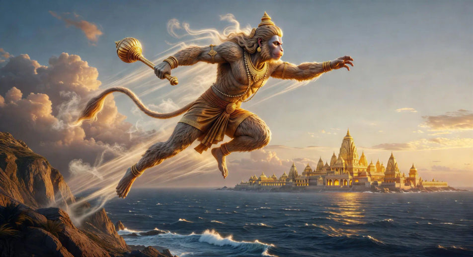 Hanuman leaps the ocean to Lanka