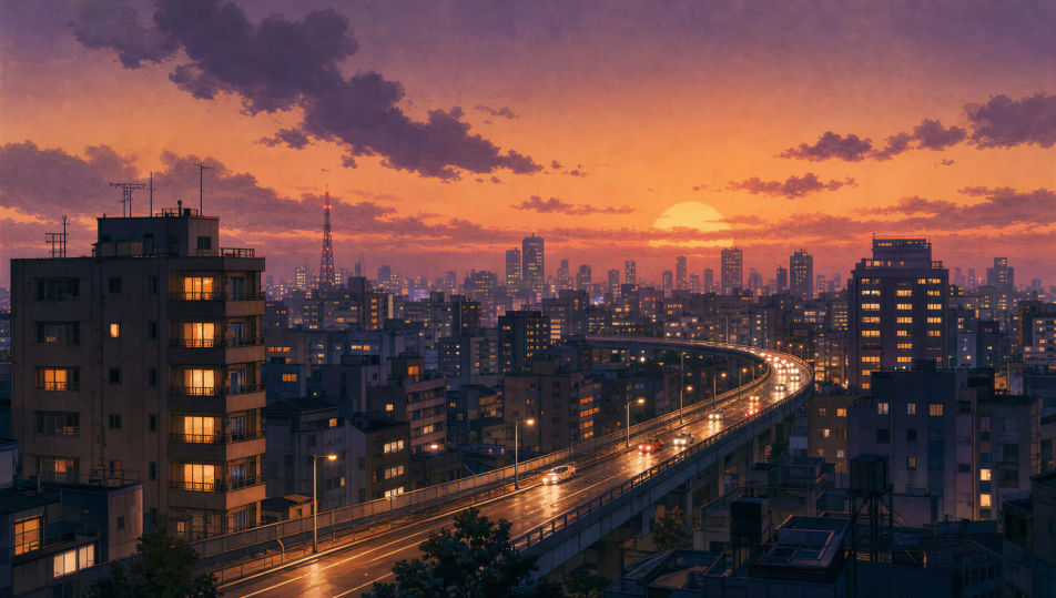 City-Pop-Skyline in der Dämmerung