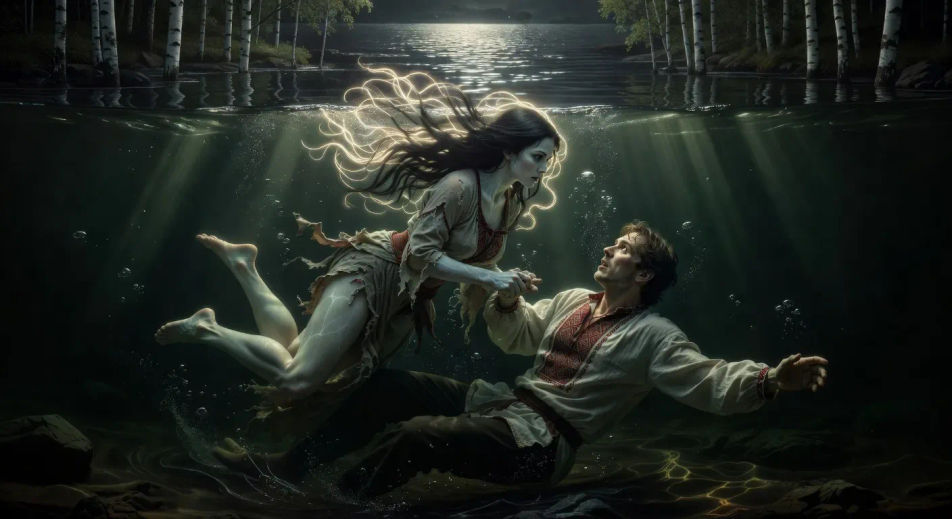 Rusalka draws a man under in a birch grove