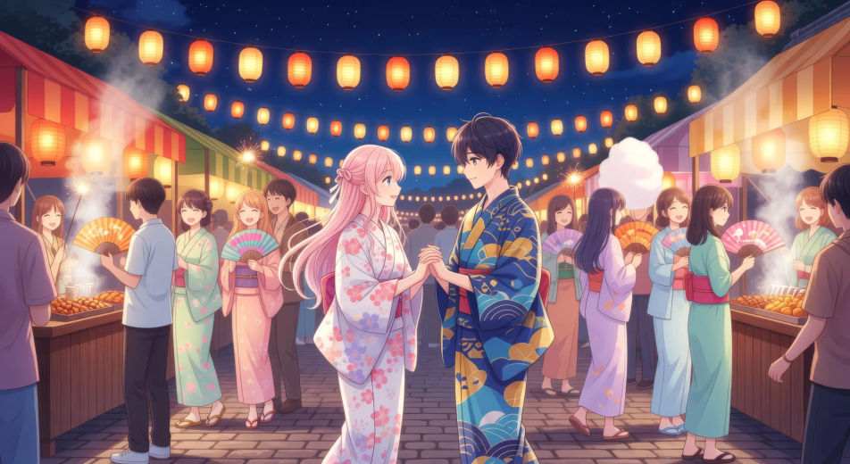 Festival hand-clasp under lanterns