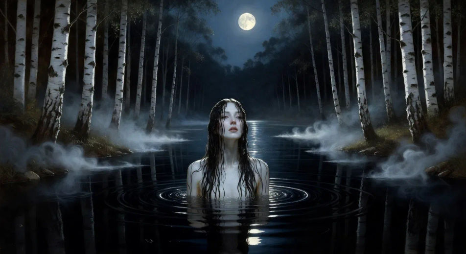 Rusalka rises from a moonlit black river