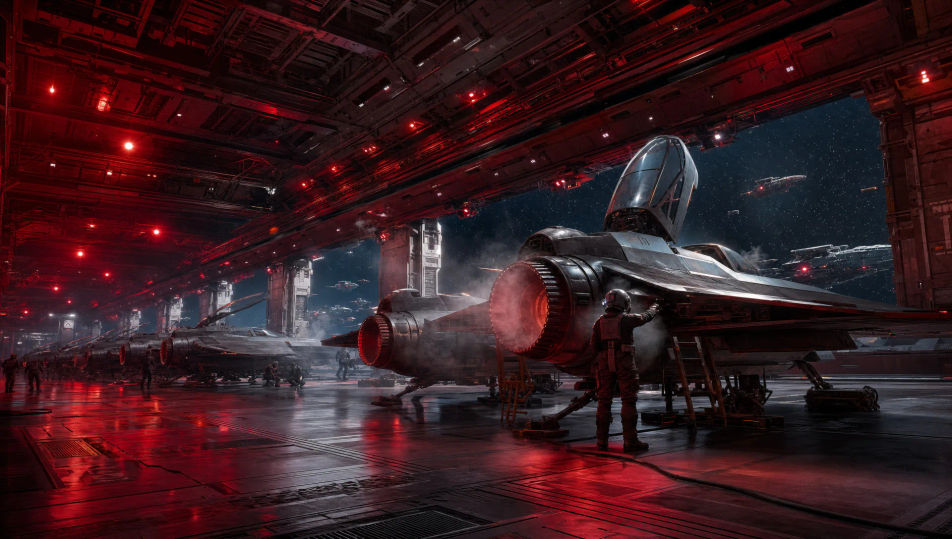 Hangar deck of a star-cruiser under red alert