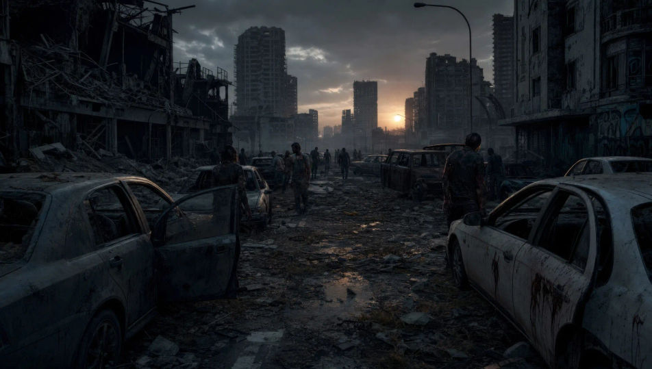 Overrun city street at dusk